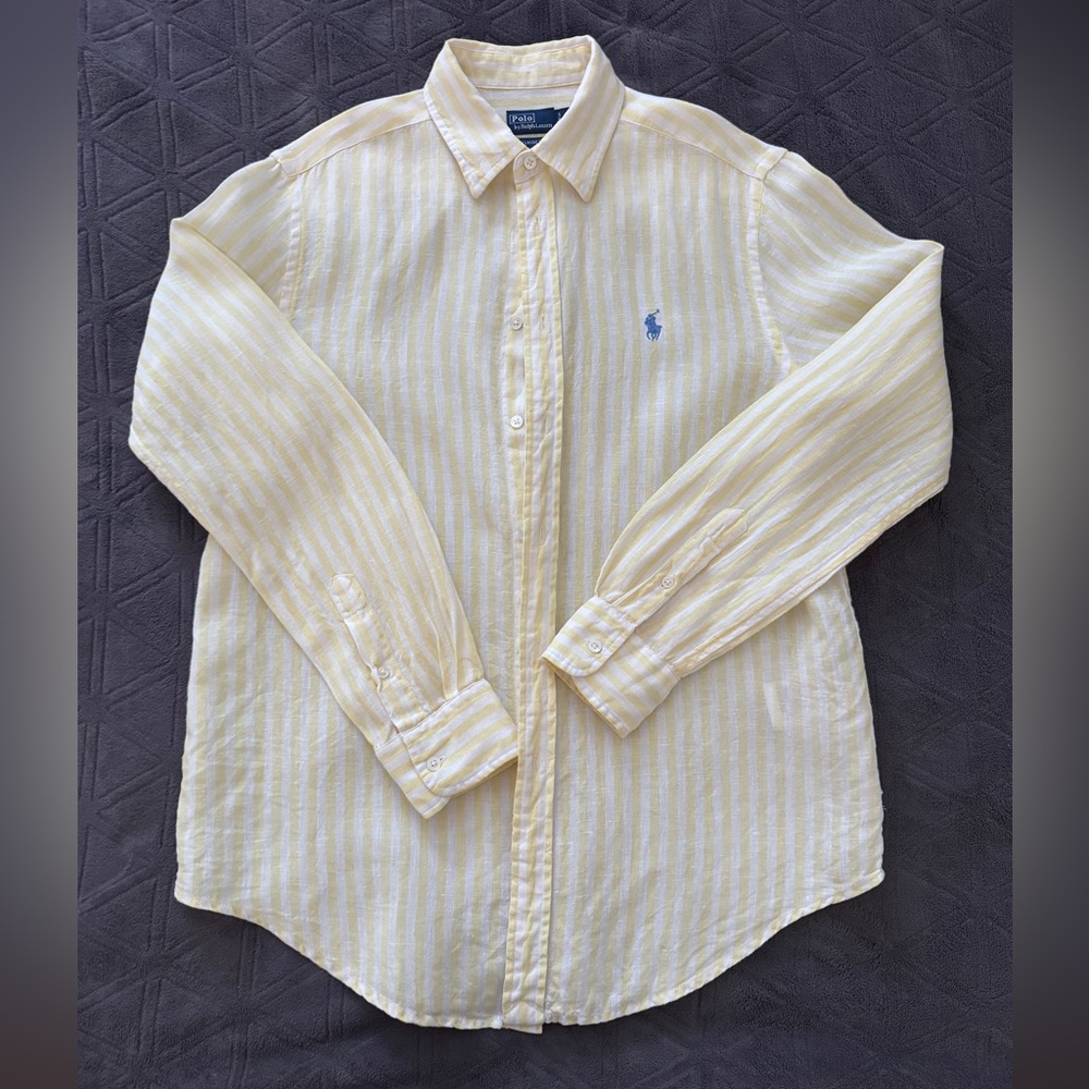 Polo by Ralph Lauren linen button down shirt in butter Yellow and White Stripes.